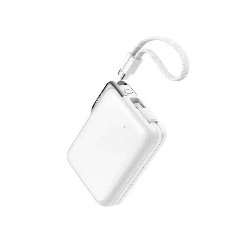 Joyroom JR-PBF27 Pro premium pocket size 10000mAh fast charging power bank with integrated type c cable lanyard 30W power delivery capability and high definition digital display screen front view sleek white structural shell