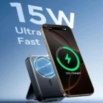 Joyroom JR-PBM11 premium pocket size 10000mAh magnetic wireless power bank with integrated metal foldable kickstand 22.5W fast wired output smart digital percentage status display screen front view matte finish structure