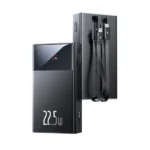 Baseus PPXD2-20 premium high capacity 20000mAh power bank with built in flexible charging cable 22.5W fast charging module and integrated smart digital display monitor front view matte black structural finish