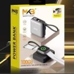 MKB PK71 premium 10000mAh all in one magnetic wireless power bank with integrated type c and lightning cables dedicated smartwatch charging module and clean digital display front view matte finish texturized pocket frame