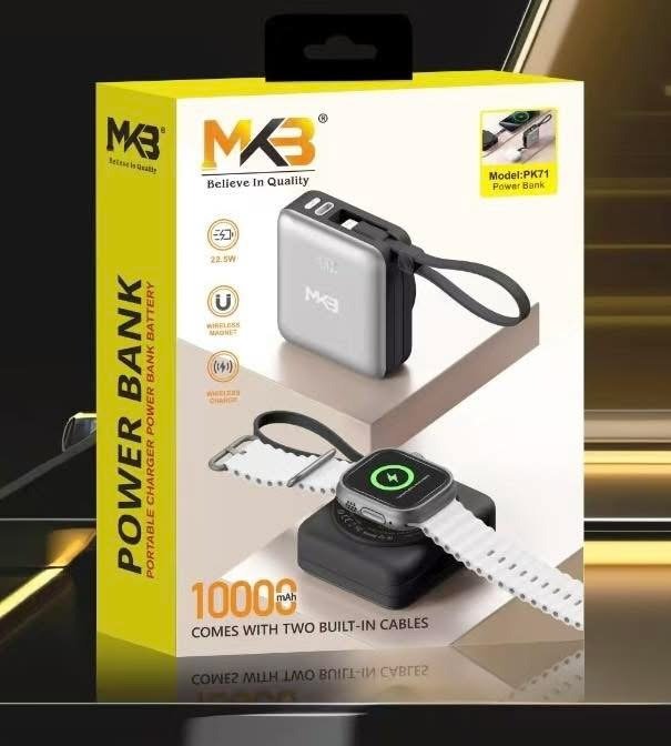 MKB PK71 premium 10000mAh all in one magnetic wireless power bank with integrated type c and lightning cables dedicated smartwatch charging module and clean digital display front view matte finish texturized pocket frame