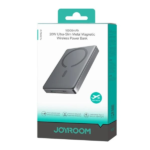 JOYROOM JR-PBM08Pro premium ultra slim metal 10000mAh magnetic wireless power bank with aluminum alloy body status indicator lights dual type c and lightning input slots front view space grey color