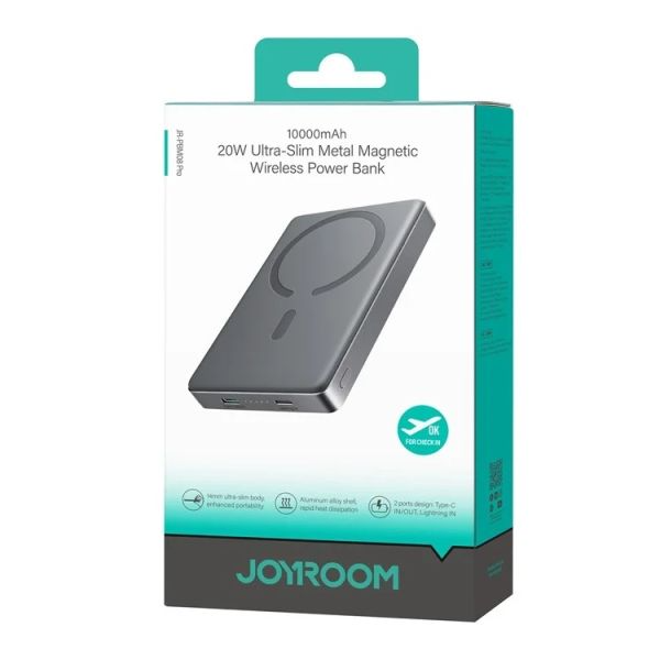 JOYROOM JR-PBM08Pro premium ultra slim metal 10000mAh magnetic wireless power bank with aluminum alloy body status indicator lights dual type c and lightning input slots front view space grey color