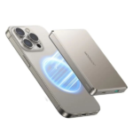 JOYROOM JR-PBM08Pro premium ultra slim metal 10000mAh magnetic wireless power bank with aluminum alloy body status indicator lights dual type c and lightning input slots front view space grey color