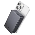 Hoco J160B premium 20000mAh magnetic wireless power bank with aluminum alloy shell digital display status screen and circular magsafe alignment ring front view metal grey color