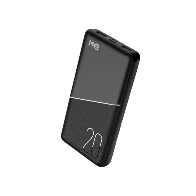 MKB PK20 large capacity power bank 20000mAh smart fast charging with multi port configuration and clean digital percentage status screen front view sleek matte black finish