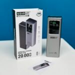 GearUP PB100 premium build 100W super fast charging 20000mAh power bank with high amp multi port configuration and clean digital status screen front view metallic charcoal black color