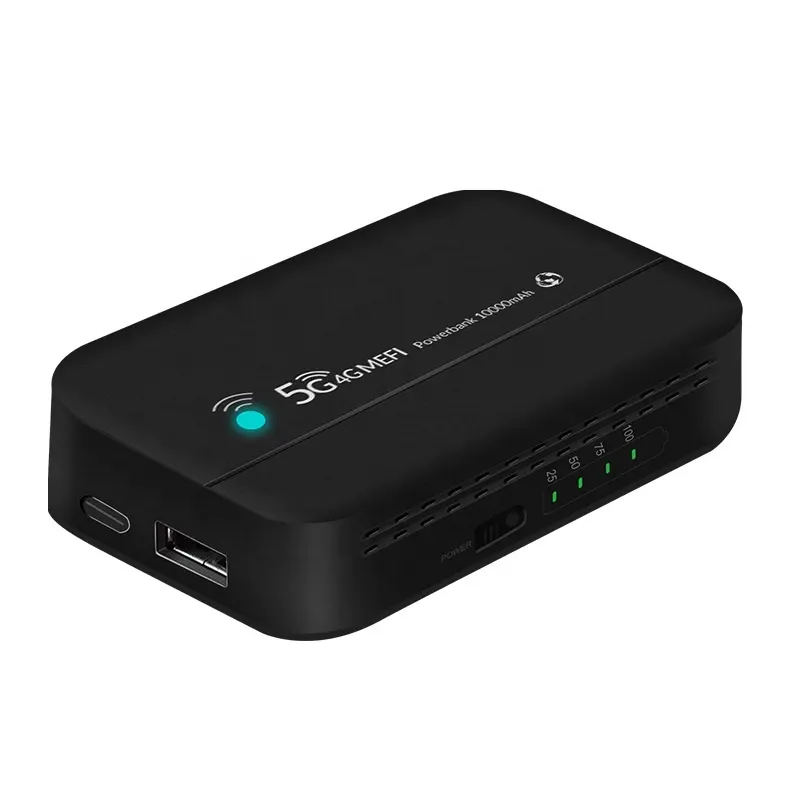 PW100 Power Bank 4G Pocket Router 10000mAh battery 300Mbps Wi-Fi hotspot with SIM card slot and clean LED indicator lights front view sleek black color