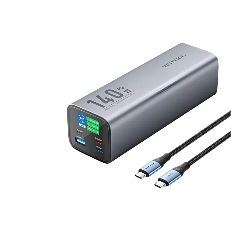 Vention FHVH0 140W 27000mAh PD 3.1 fast charging power bank with multi-port layout and smart interactive TFT color digital display screen front view metallic space gray color