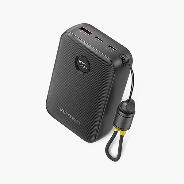 VENTION FKBB0-C 22.5W 20000mAh LED display power bank with integrated durable built in USB C to C cable front view charcoal black color