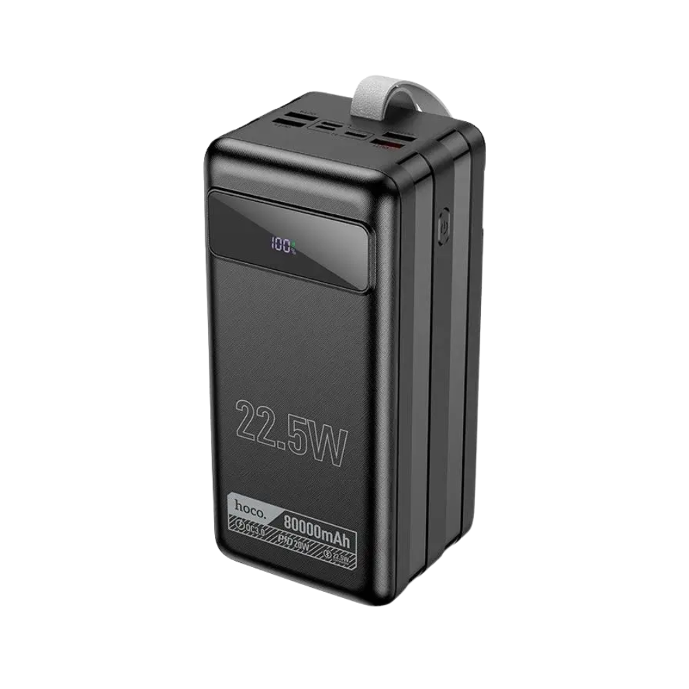 Hoco DB50 large capacity power bank 80000mAh 22.5W fast charging with digital display smart screen and integrated bright camping LED light front view charcoal black color