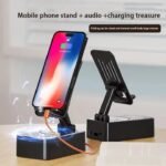 Foldable Mobile Holder premium 2-in-1 adjustable desktop phone stand with built-in emergency power bank utility smart usb-a output port fully collapsible dual hinge bracket layout with protective anti slip silicone padding front view