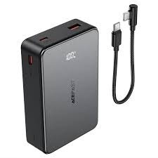 ACEFAST M29 20000mAh 22.5W fast charge power bank with transparent aesthetic accents and bright digital LED display screen front view charcoal black color