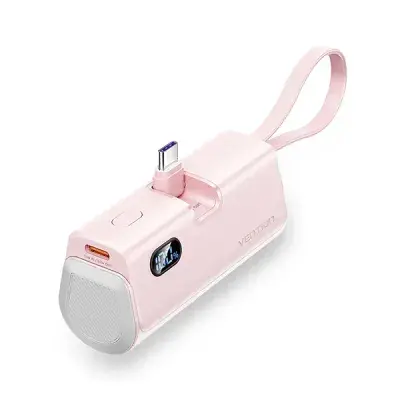VENTION FHQP0 LED Display 4800mAh pocket-sized mini capsule power bank in a premium pastel pink finish featuring a direct plug-in connector interface and clear digital power readout screen