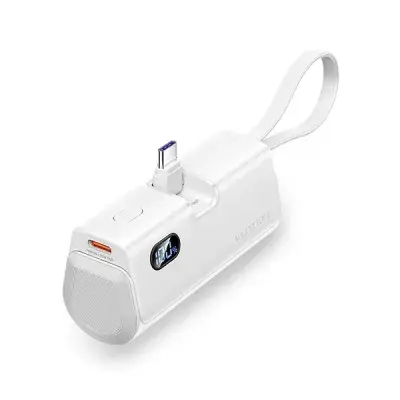 VENTION FHQW0 LED Display 4800mAh pocket-sized mini capsule power bank in a premium classic white finish featuring a direct plug-in connector interface and clear digital power readout screen