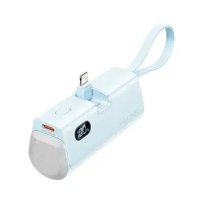 VENTION FHRL0 LED Display 4800mAh pocket-sized mini capsule power bank in a premium metallic blue finish featuring a direct plug-in connector interface and clear digital power readout screen