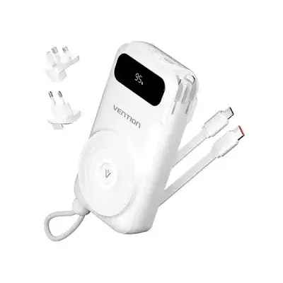 VENTION FHXW0 22.5W 10000mAh LED display 6 in 1 travel power bank with built in USB C and Lightning cables front view black color