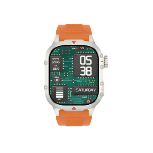 Unikyy RUSH Smart Watch showing the premium square zinc alloy body layout, massive 2.07-inch front full touch color screen, and sporty silicone wristband strap panel