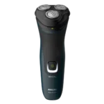 Philips S1121/40 1000 Series rechargeable cordless electric rotary shaver with ComfortCut blades, 3D flex heads, ergonomic grip, and charging cable turn on