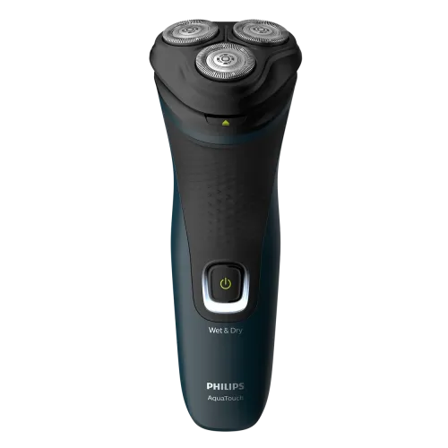 Philips S1121/40 1000 Series rechargeable cordless electric rotary shaver with ComfortCut blades, 3D flex heads, ergonomic grip, and charging cable turn on