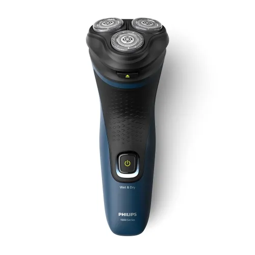 Philips S1151/00 1000 Series rechargeable cordless electric rotary shaver with ComfortCut blades, 3D flex heads, non-slip rubber grip, and charging cable turn on