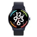 Haylou Solar Lite Smart Watch showing the classic circular metallic bezel frame, front 1.38-inch round touch screen with active steps tracking layout, and soft silicone wristband strap