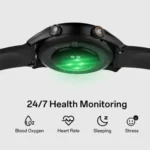 Weofly Spirit 2 Smartwatch showing a classic circular smart watch body with a 1.39-inch HD round IPS touchscreen panel, dual physical side navigation buttons, a lightweight black ABS frame, and a comfortable liquid silicone strap layout view