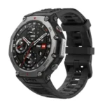 Amazfit T-Rex 3 rugged outdoor smart watch displaying its circular heavy-duty design with a premium stainless steel bezel and ultra-bright AMOLED screen showcasing a GPS navigation map interface