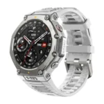 Amazfit T-Rex 3 rugged outdoor smart watch displaying its circular heavy-duty design with a premium stainless steel bezel and ultra-bright AMOLED screen showcasing a GPS navigation map interface
