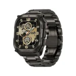 KOSPET Tank M4 Special Edition Rugged Smartwatch showing its square Inox 360 stainless steel chassis, custom metallic link bracelet, and bright 1.96-inch AMOLED display interface in image_72eee5.png