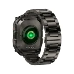 KOSPET Tank M4 Special Edition Rugged Smartwatch showing its square Inox 360 stainless steel chassis, custom metallic link bracelet, and bright 1.96-inch AMOLED display interface in image_72eee5.png