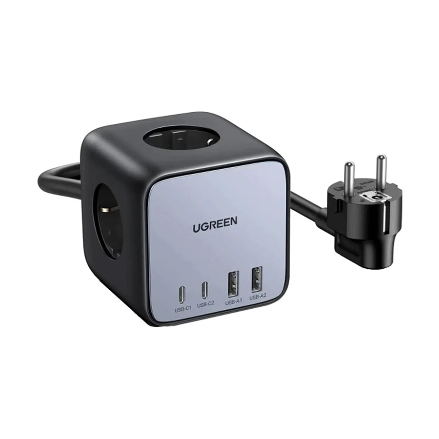 UGREEN 90906 65W 2C2A Smart Charging Magic Box CUBE showing a compact black metallic 7-in-1 desktop power strip cube with front-facing dual USB-C and dual USB-A ports alongside a single-touch power switch view