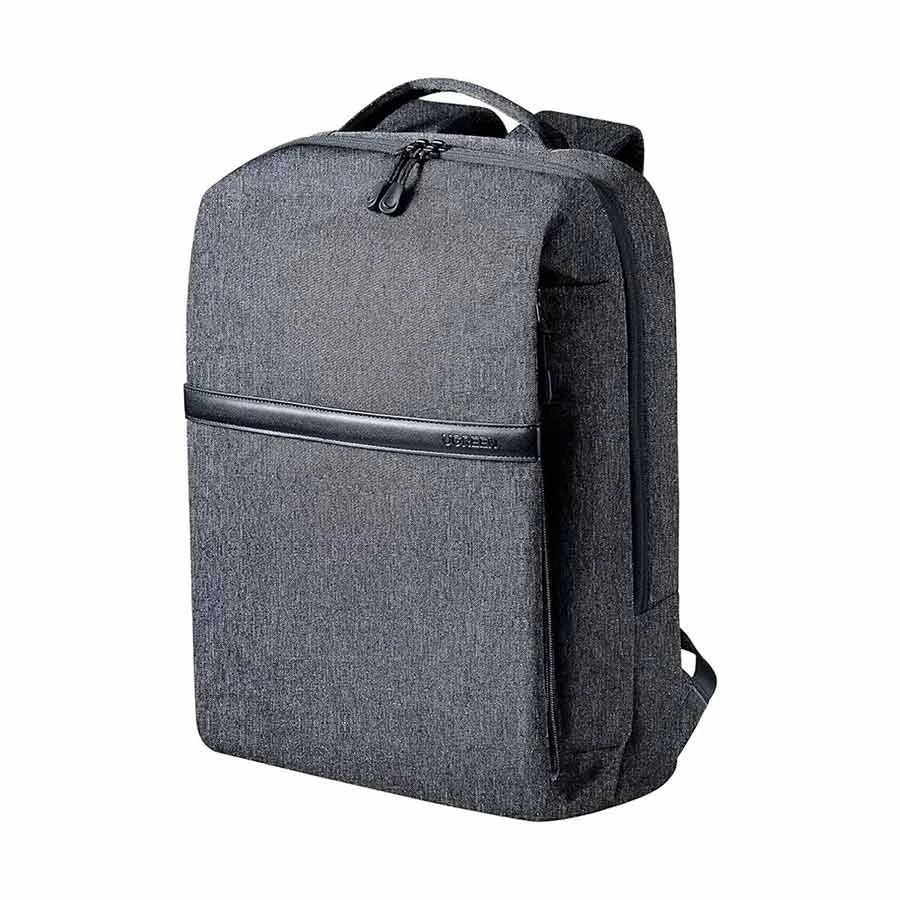 UGREEN 90798 Laptop Backpack B02 Dark Grey Up to 15.6" showing a modern minimalist structured dark grey water-resistant laptop backpack with ergonomic padded shoulder straps, a heavy-duty top handle, layered zipper compartments, and a clean ventilated mesh back support layout view