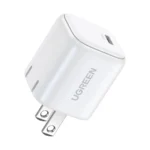 UGREEN 15328 Nexode 20W USB-C PD GaN Fast Charger US White mini two pin wall adapter highlighting its single high speed Type-C output slot on a crisp white backdrop