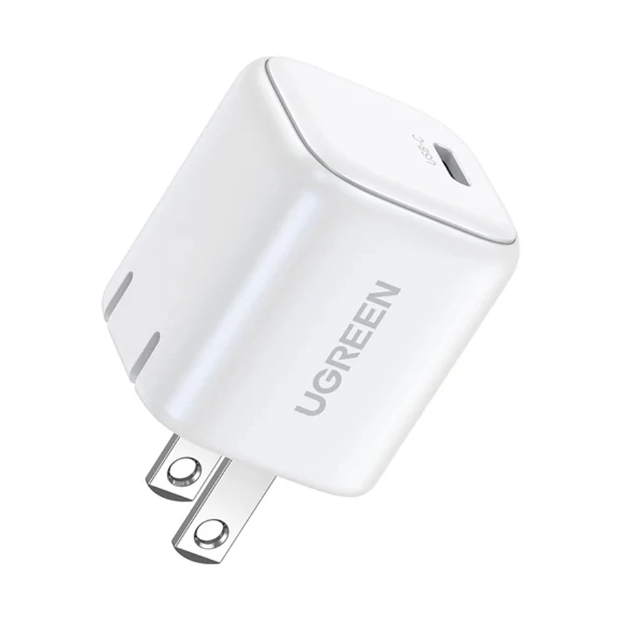 UGREEN 15328 Nexode 20W USB-C PD GaN Fast Charger US White mini two pin wall adapter highlighting its single high speed Type-C output slot on a crisp white backdrop