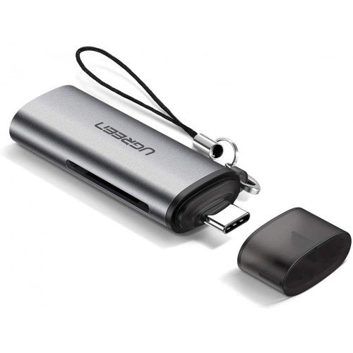 UGREEN 50704 USB-C male to dual slot micro SD and SD card reader hub adapter showing a compact portable design on a white background