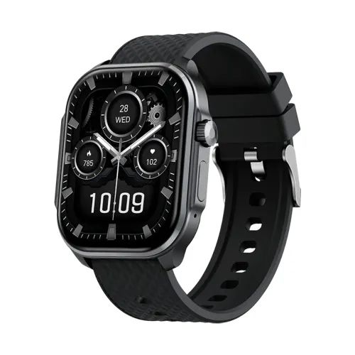Tecno Watch 3 Active smart watch showing the premium large rectangular casing frame, front 2.0-inch massive full-touch display with fitness tracking menu, and soft flexible silicone wristband strap panel