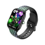 Oraimo Watch 6 Lite MOCO Free Fire Edition smart watch showing the custom themed housing body frame, front 1.83-inch high definition color screen with MOCO character watch face artwork, and unique graphic silicone wristband strap panel