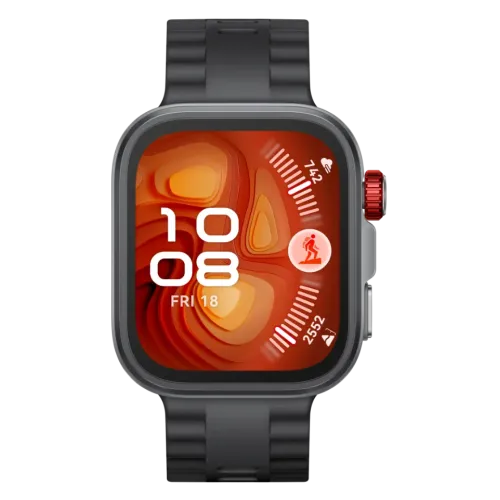 HUAWEI WATCH FIT 4 Pro premium rectangular smartwatch showcasing its brushed titanium bezel, ultra-bright 1.82-inch AMOLED sapphire glass display face, functional rotating crown, and durable fluoroelastomer athletic band in image_agent_tag_fit4_pro_titanium