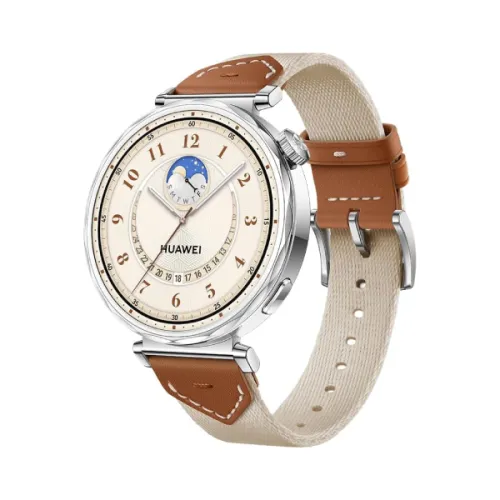 HUAWEI WATCH GT 5 41mm Lady Smart Watch featuring its slim circular gold stainless steel watch case, vibrant AMOLED display with a classy minimalist feminine watch face, and an elegant strap
