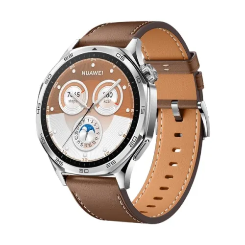 HUAWEI WATCH GT 5 smart watch showcasing its premium octagonal stainless steel geometric watch case, high-resolution AMOLED display with a detailed sporty dashboard interface, and an elegant watch band strap