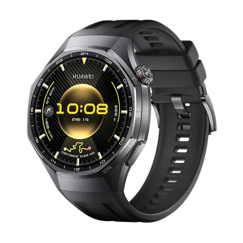 HUAWEI WATCH GT 6 Pro premium flagship smartwatch with aerospace grade titanium case and black fluoroelastomer strap rotating crown dial perspective view