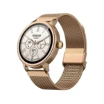 Oraimo Watch Muse smart watch featuring a premium round AMOLED screen and a gold metallic chassis shown in image_72eee5.png
