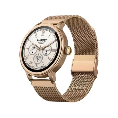 Oraimo Watch Muse smart watch featuring a premium round AMOLED screen and a gold metallic chassis shown in image_72eee5.png