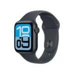 Apple Watch SE 3rd Generation smartwatch showing its bright Retina OLED display with custom activity rings face on a sleek space gray aluminum case paired with a sports band