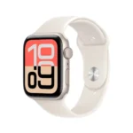 Apple Watch SE 3rd Generation smartwatch showing its bright Retina OLED display with custom activity rings face on a sleek space gray aluminum case paired with a sports band