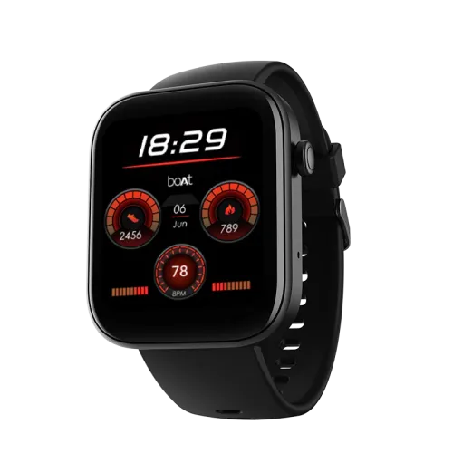 boAt Wave Call 2 Smartwatch showing a sleek modern rectangular smart watch body with a 1.83-inch HD touchscreen, premium curved glass display face, single side physical action button, and a soft active black silicone strap layout view