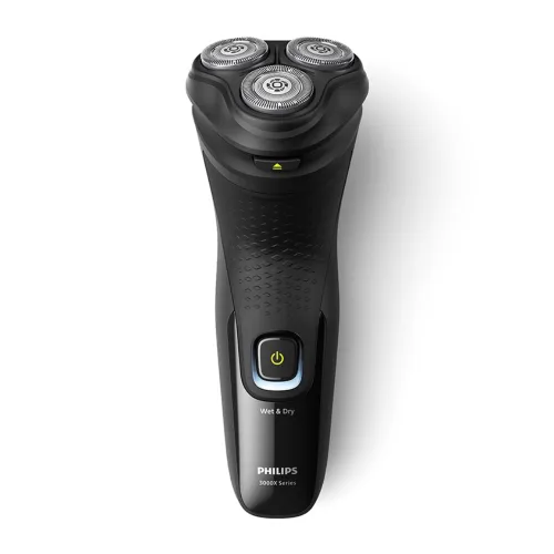 Philips X3021/00 3000X Series wet and dry rechargeable cordless electric rotary shaver with PowerCut blades, 4D flex heads, open pop-up trimmer, and USB-A charging cable turn on
