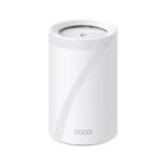 TP-Link Deco BE11000 Tri-Band Wi-Fi 7 mesh system unit in sleek modern design showing internal antenna layout, multi-gigabit ports, and status LED indicator