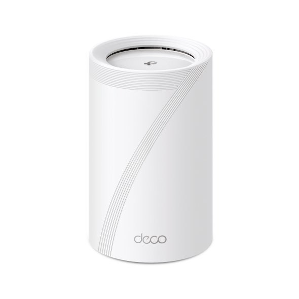 TP-Link Deco BE11000 Tri-Band Wi-Fi 7 mesh system unit in sleek modern design showing internal antenna layout, multi-gigabit ports, and status LED indicator